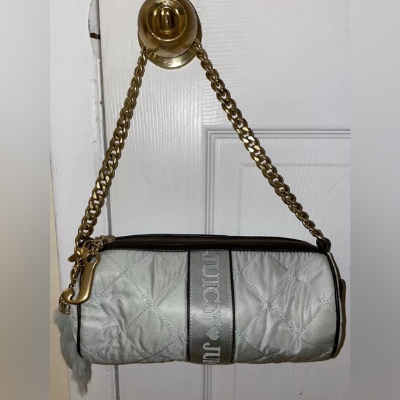 RARE JUICY COUTURE gray blue quilted nylon rabbit foot shoulder bag Barrel roll